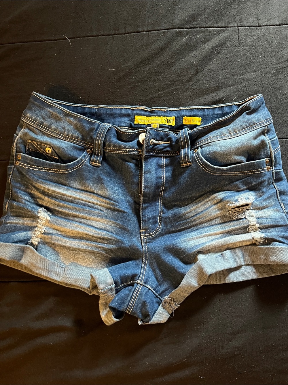 Mid-Rise Distressed Rolled Hem Jean Shorts - Blue